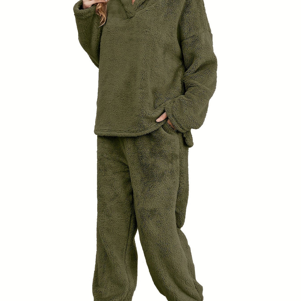 Women's Fleece Loungewear Set with Shawl Collar Hoodie & Trousers – Casual, Relaxing