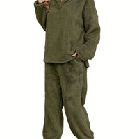 Women's Fleece Loungewear Set with Shawl Collar Hoodie & Trousers – Casual, Relaxing