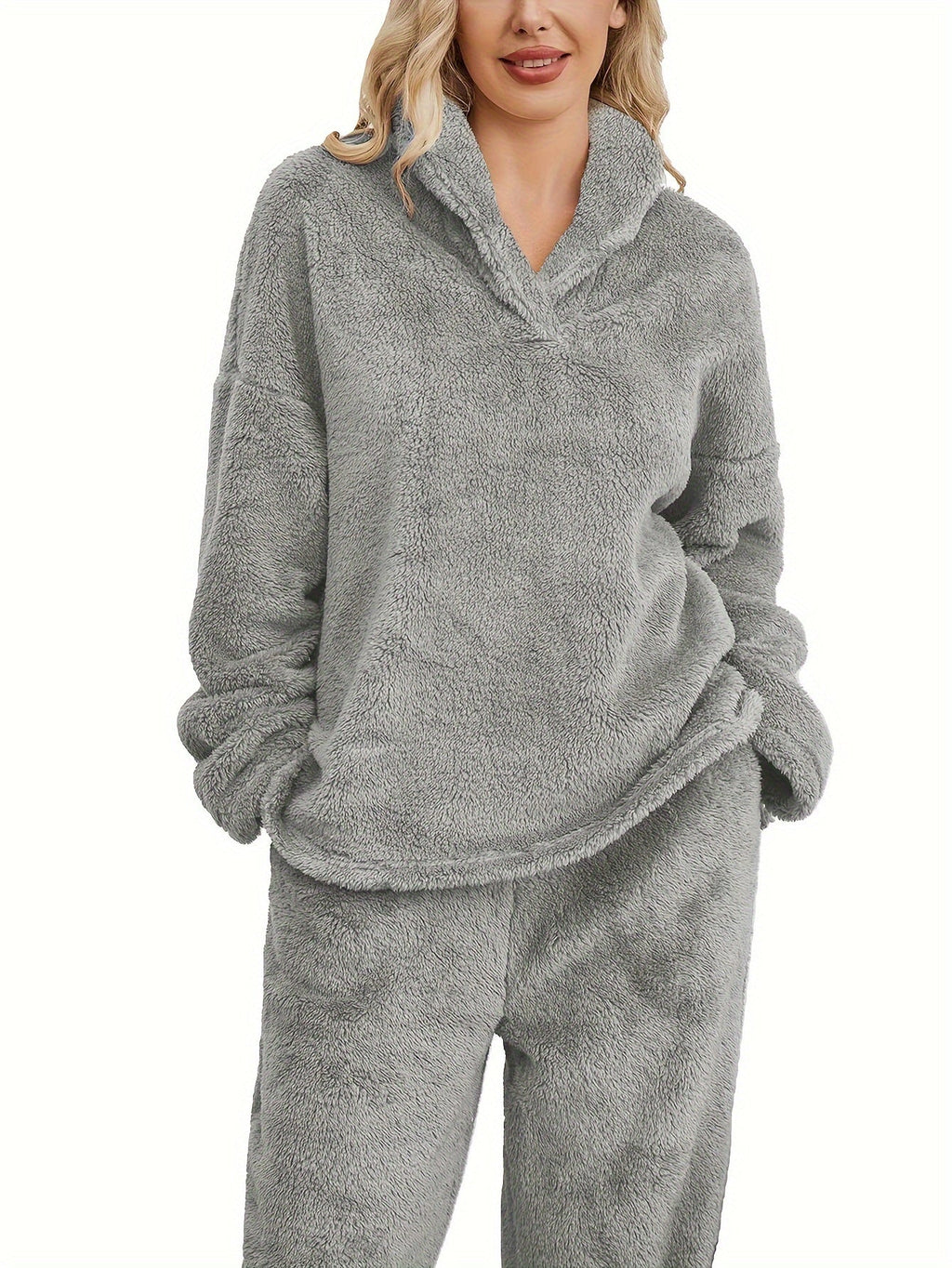 Women's Fleece Loungewear Set with Shawl Collar Hoodie & Trousers – Casual, Relaxing