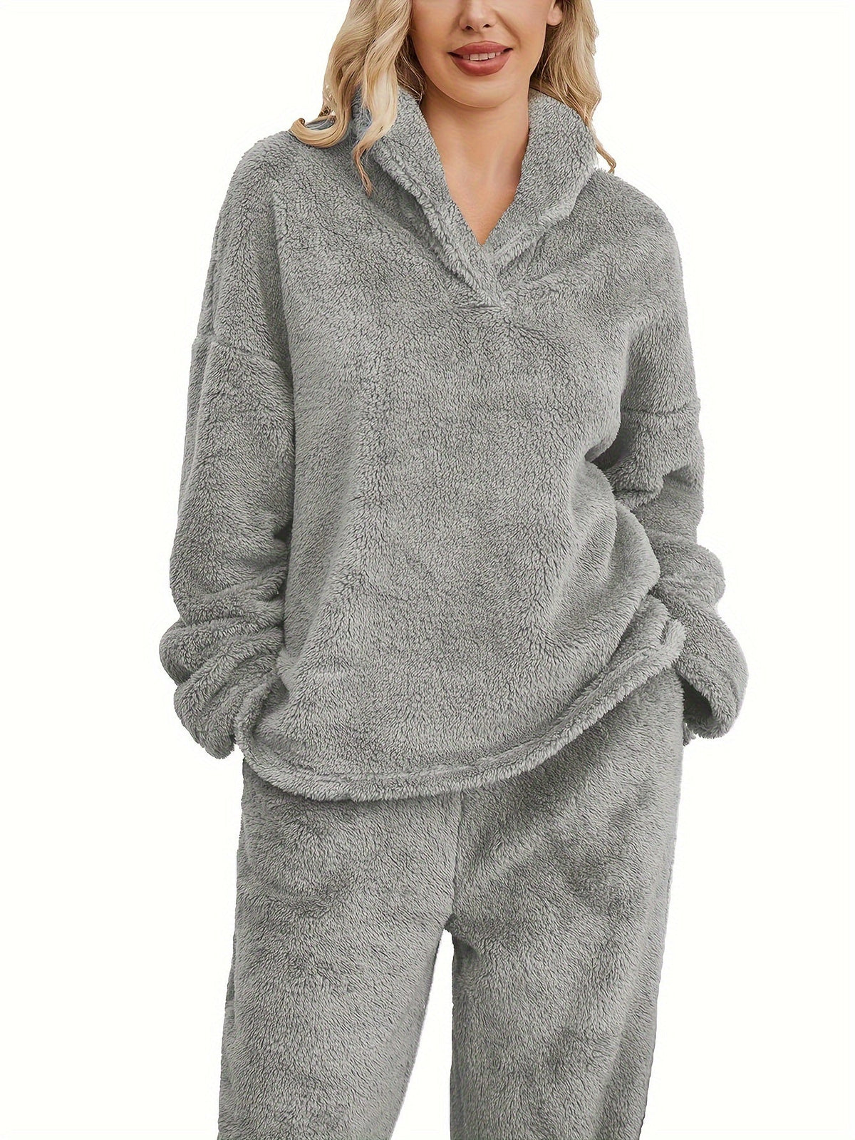 Women's Fleece Loungewear Set with Shawl Collar Hoodie & Trousers – Casual, Relaxing