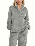 Women's Fleece Loungewear Set with Shawl Collar Hoodie & Trousers – Casual, Relaxing