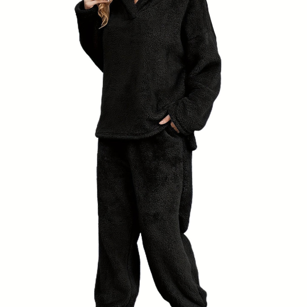 Women's Fleece Loungewear Set with Shawl Collar Hoodie & Trousers – Casual, Relaxing