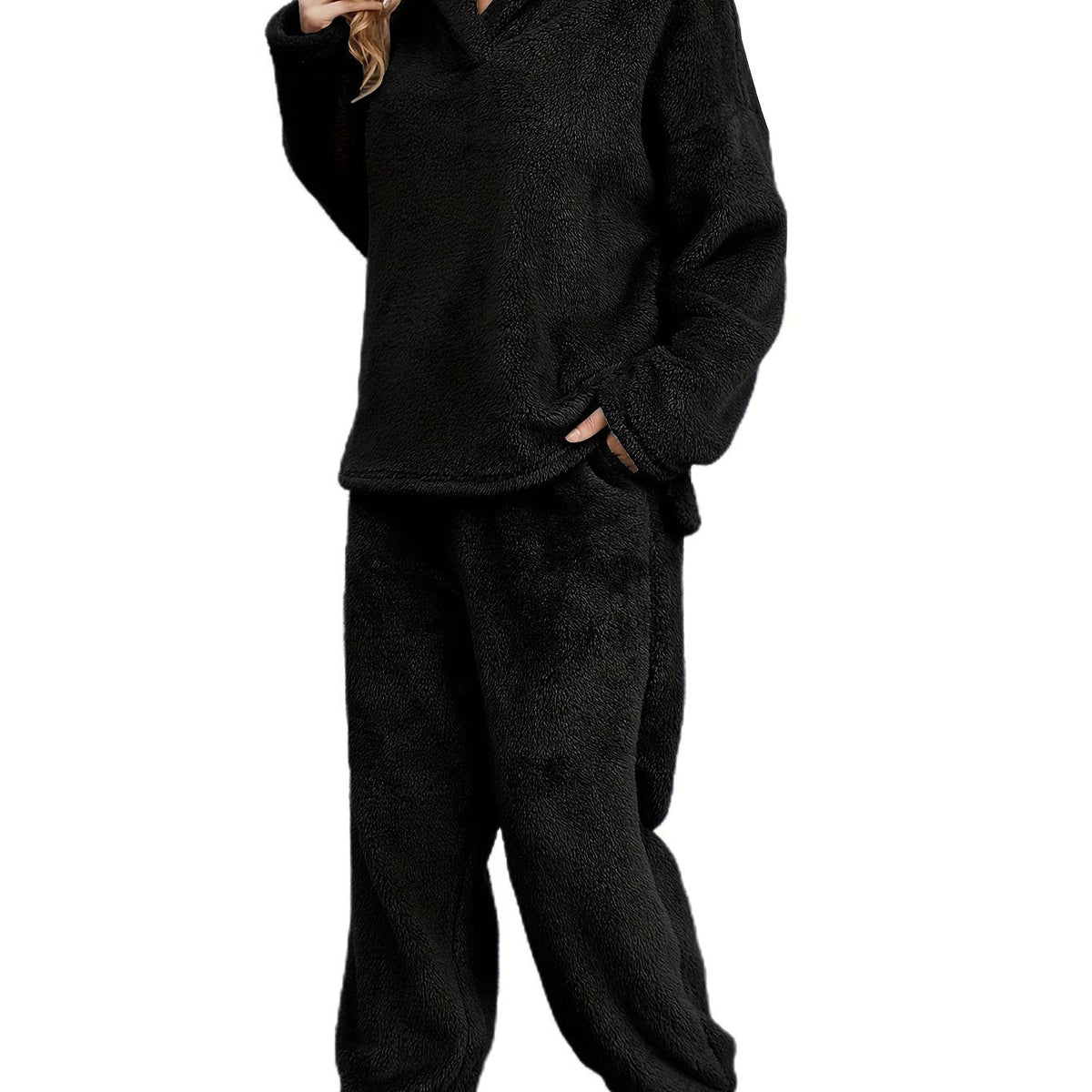 Women's Fleece Loungewear Set with Shawl Collar Hoodie & Trousers – Casual, Relaxing