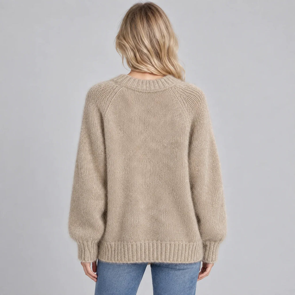 Women’s Fluffy Knit Jumper with Crew Neck, Long Sleeves – Casual, Everyday Wear
