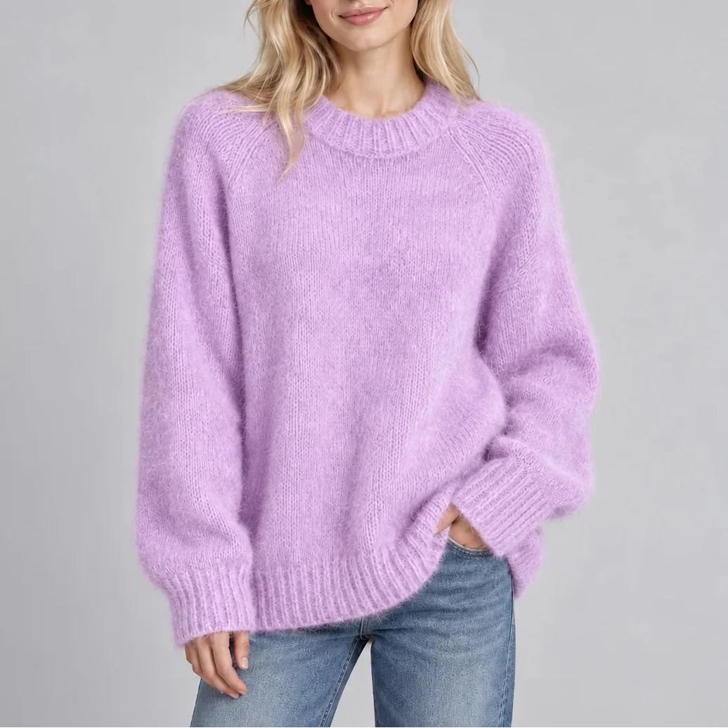 Women’s Fluffy Knit Jumper with Crew Neck, Long Sleeves – Casual, Everyday Wear