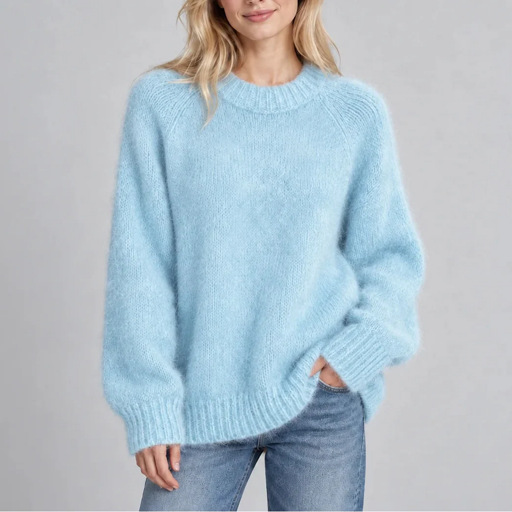 Women’s Fluffy Knit Jumper with Crew Neck, Long Sleeves – Casual, Everyday Wear