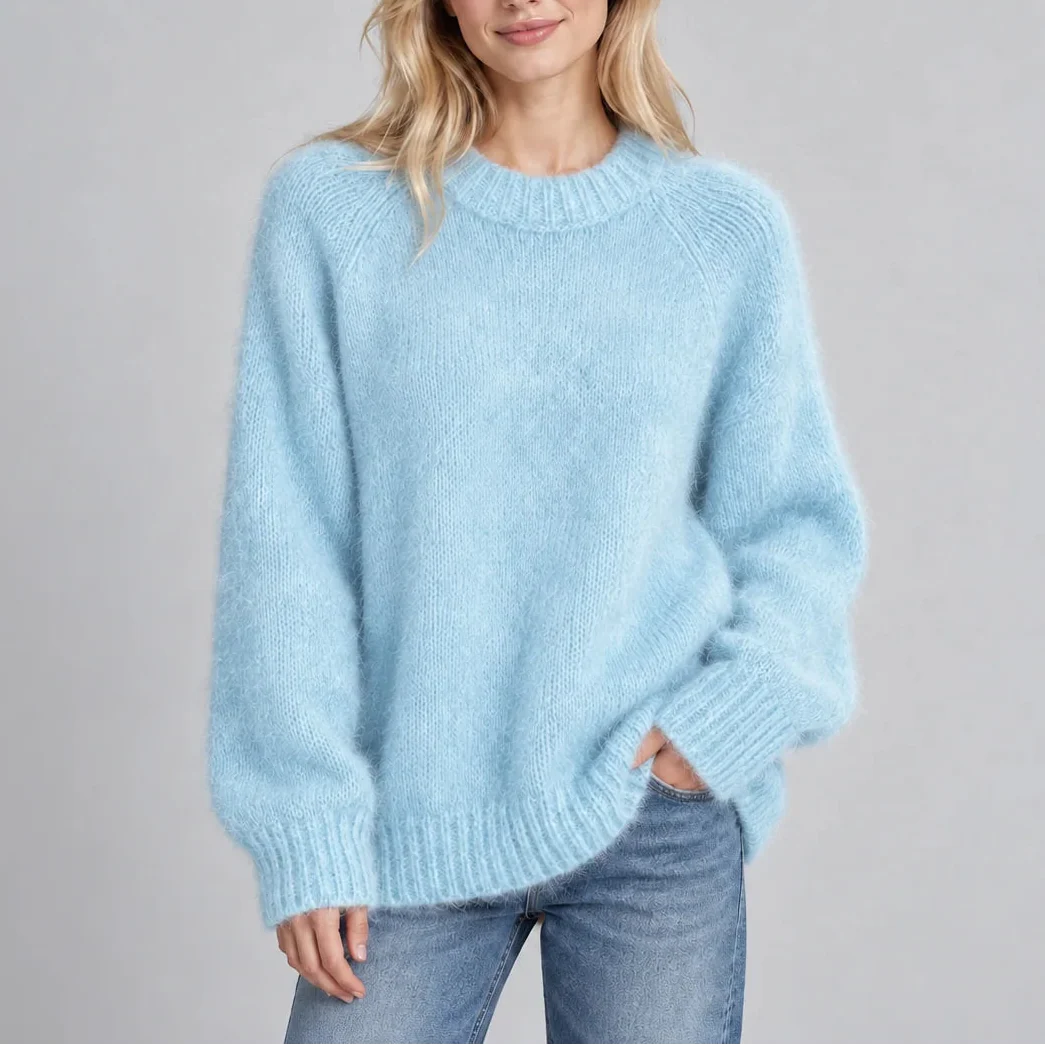 Women’s Fluffy Knit Jumper with Crew Neck, Long Sleeves – Casual, Everyday Wear