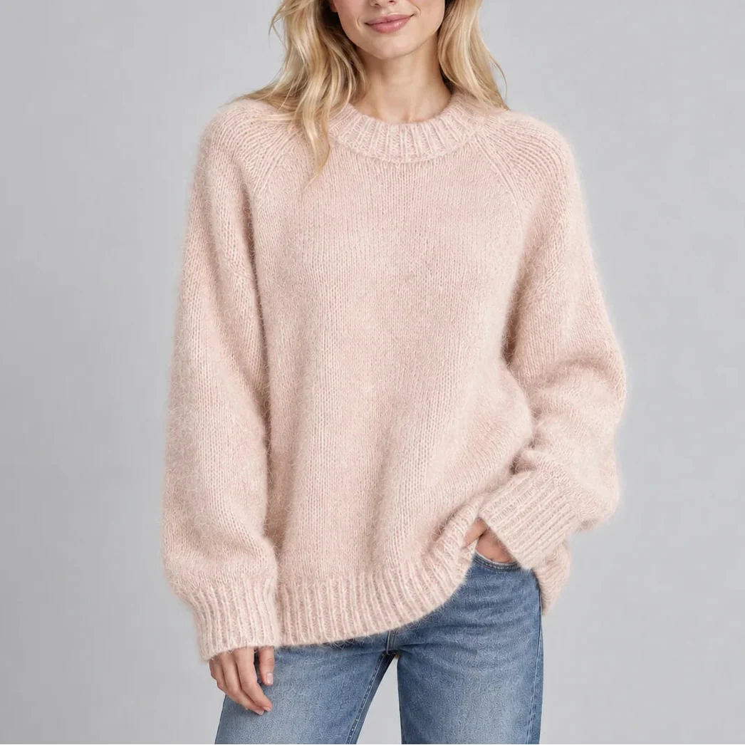 Women’s Fluffy Knit Jumper with Crew Neck, Long Sleeves – Casual, Everyday Wear