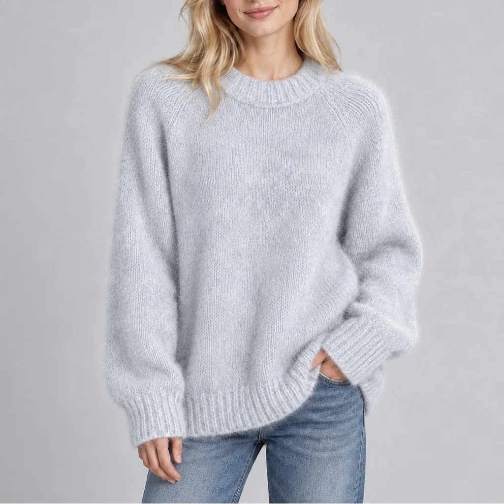 Women’s Fluffy Knit Jumper with Crew Neck, Long Sleeves – Casual, Everyday Wear