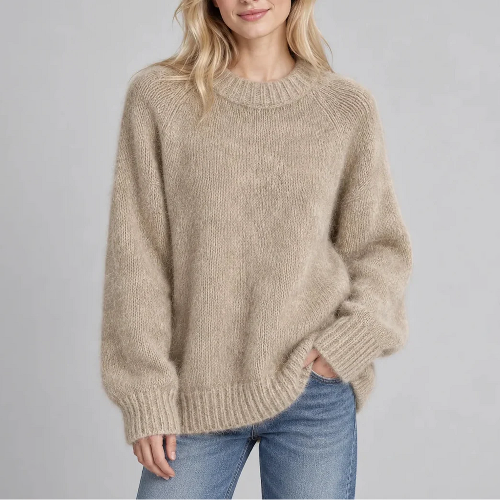 Women’s Fluffy Knit Jumper with Crew Neck, Long Sleeves – Casual, Everyday Wear