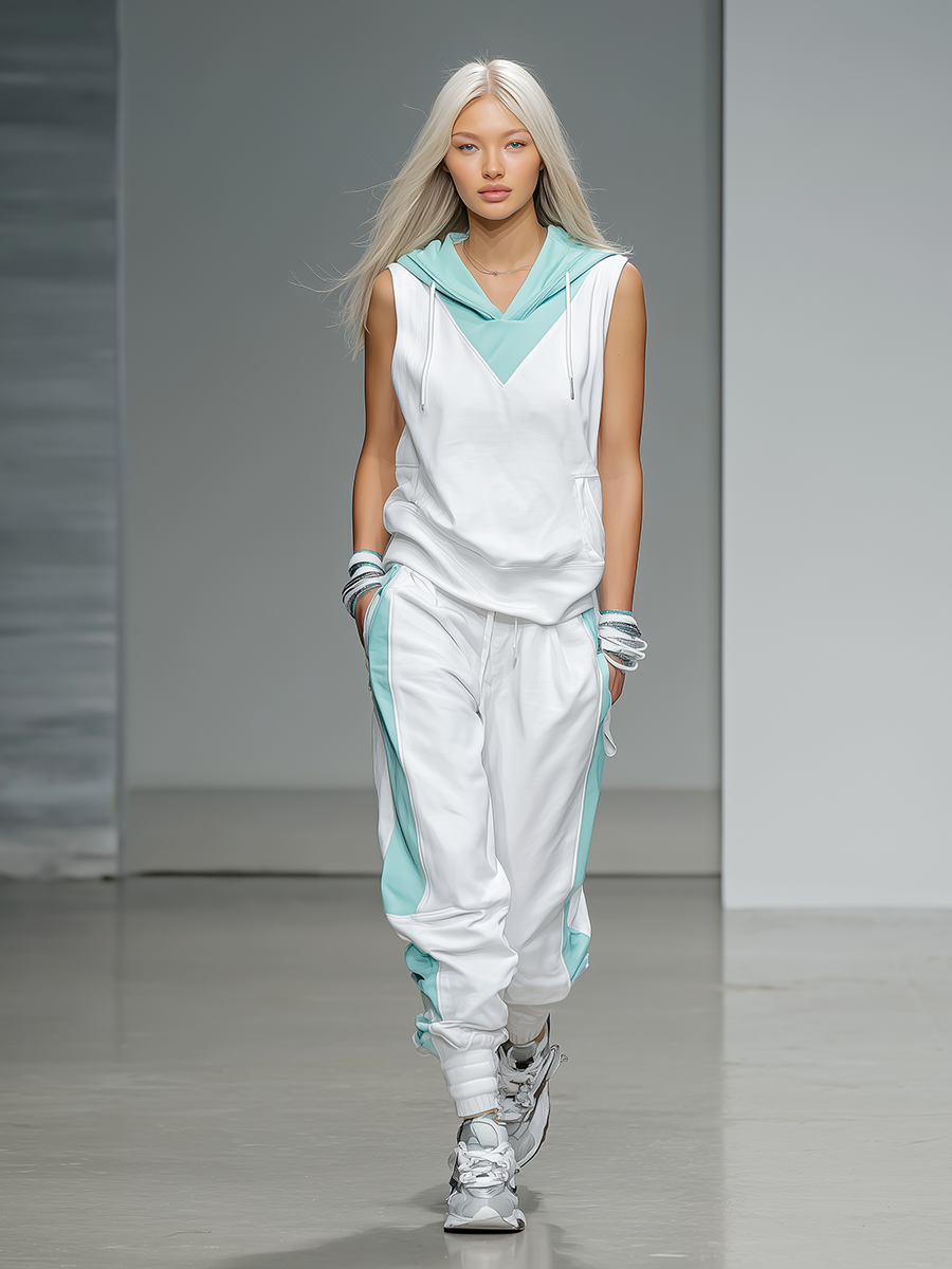 Women's Hooded Tracksuit in White and Teal - Comfortable Athleisure Set