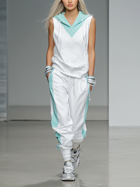 Women's Hooded Tracksuit in White and Teal - Comfortable Athleisure Set
