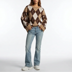 Women’s Knit Jumper – Diamond Pattern, Round Neck, Long Sleeve – Casual, Everyday Wear