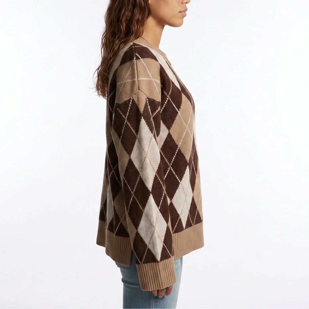 Women’s Knit Jumper – Diamond Pattern, Round Neck, Long Sleeve – Casual, Everyday Wear