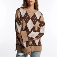 Women’s Knit Jumper – Diamond Pattern, Round Neck, Long Sleeve – Casual, Everyday Wear
