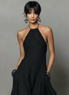 Women's Linen Blend Halter Neck Maxi Dress - Sleeveless Summer Style