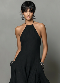 Women's Linen Blend Halter Neck Maxi Dress - Sleeveless Summer Style