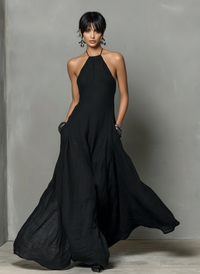 Women's Linen Blend Halter Neck Maxi Dress - Sleeveless Summer Style