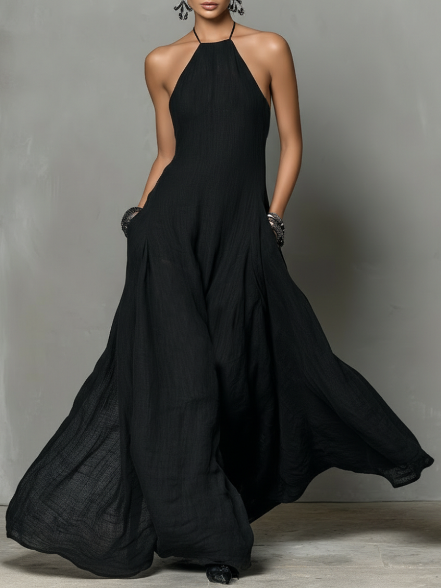 Women's Linen Blend Halter Neck Maxi Dress - Sleeveless Summer Style