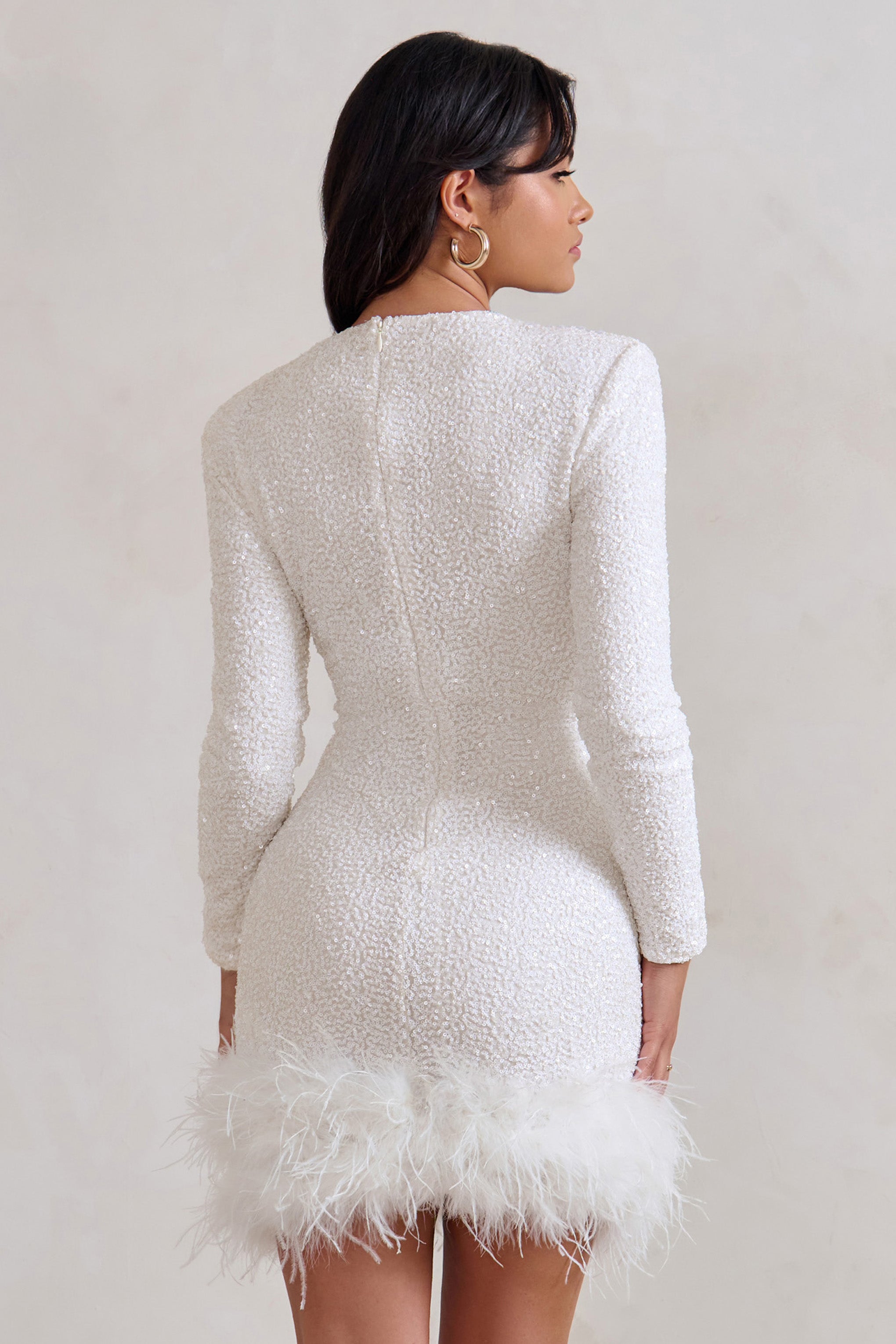 Women's Long Sleeve Mini Dress with Feather Hem Detail for Casual or Evening Wear