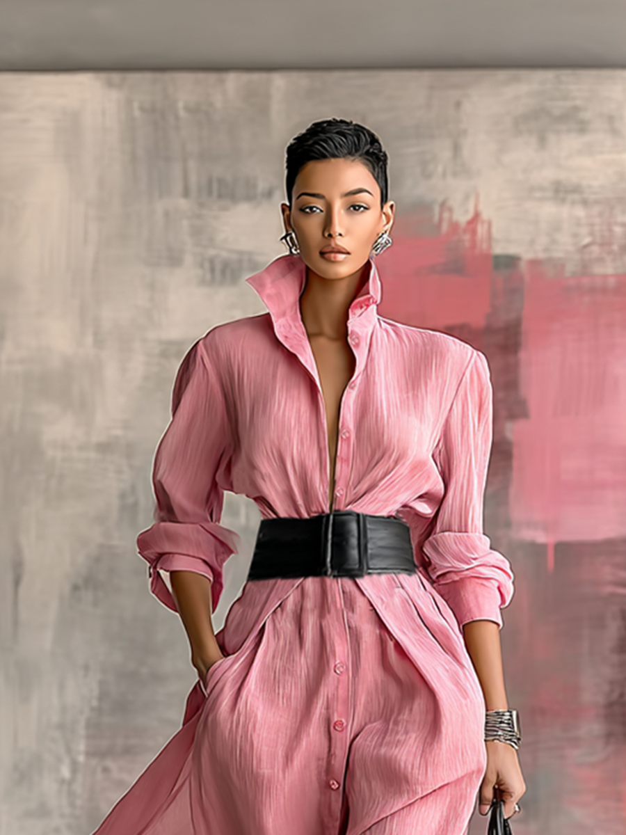 Women's Long Sleeve Solid Color Maxi Shirt Dress with Belt - MDA0917G0Y