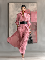 Women's Long Sleeve Solid Color Maxi Shirt Dress with Belt - MDA0917G0Y