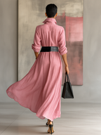 Women's Long Sleeve Solid Color Maxi Shirt Dress with Belt - MDA0917G0Y