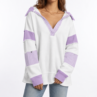Women's Oversized V-Neck Sweatshirt with Striped Sleeves – Casual, Everyday Wear