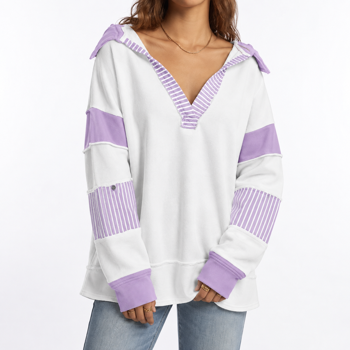 Women's Oversized V-Neck Sweatshirt with Striped Sleeves – Casual, Everyday Wear