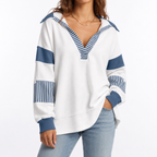 Women's Oversized V-Neck Sweatshirt with Striped Sleeves – Casual, Everyday Wear