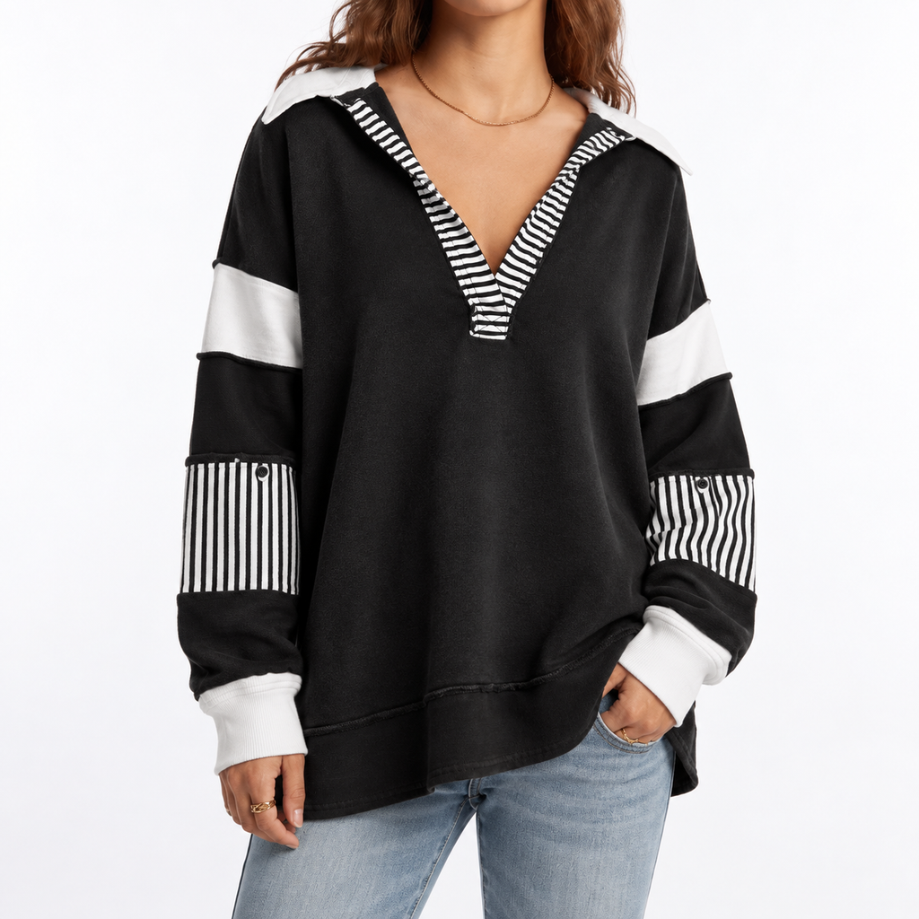 Women's Oversized V-Neck Sweatshirt with Striped Sleeves – Casual, Everyday Wear