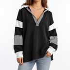 Women's Oversized V-Neck Sweatshirt with Striped Sleeves – Casual, Everyday Wear