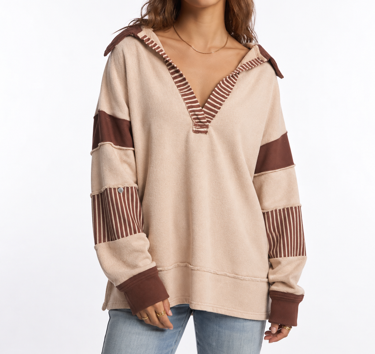 Women's Oversized V-Neck Sweatshirt with Striped Sleeves – Casual, Everyday Wear