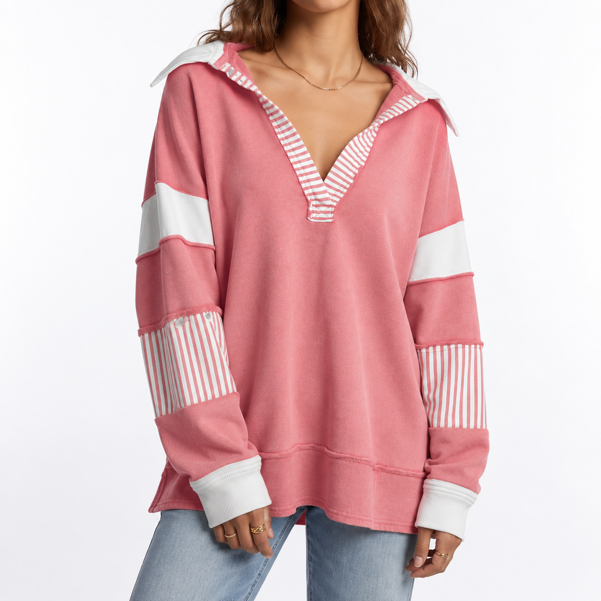 Women's Oversized V-Neck Sweatshirt with Striped Sleeves – Casual, Everyday Wear
