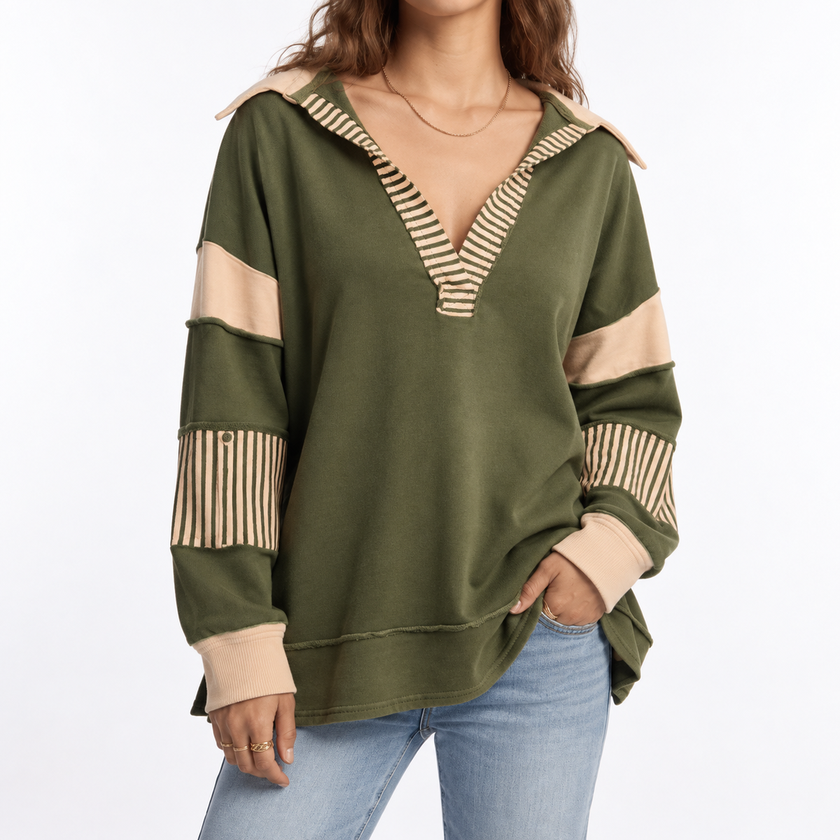 Women's Oversized V-Neck Sweatshirt with Striped Sleeves – Casual, Everyday Wear