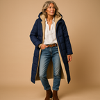 Women's Quilted Long Padded Coat - Insulated Winter Outerwear for Cold Weather Navy Blue