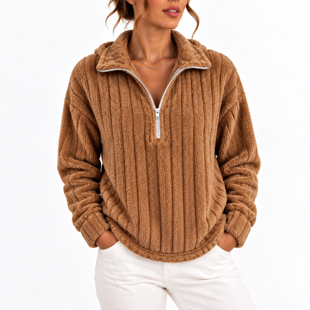 Women's Ribbed Fleece Half-Zip Sweatshirt – Casual, Everyday Wear