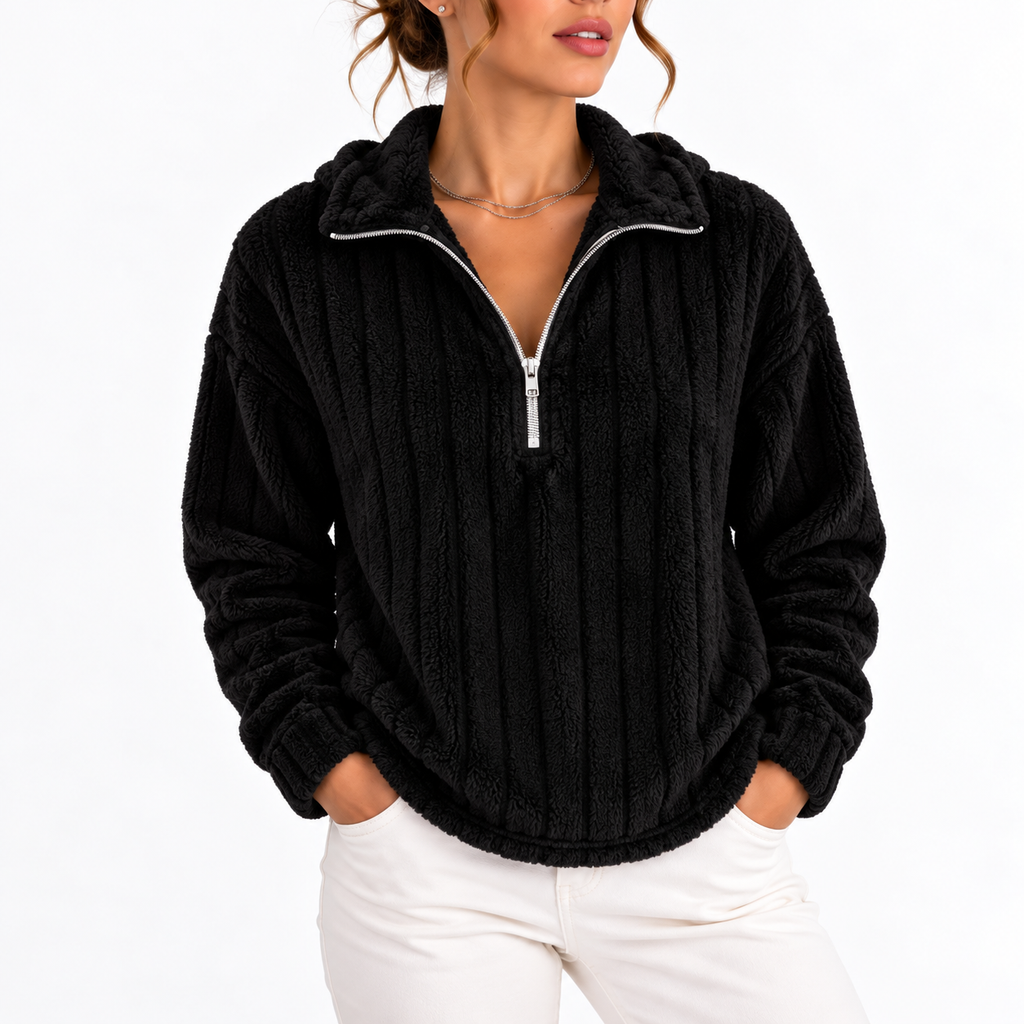 Women's Ribbed Fleece Half-Zip Sweatshirt – Casual, Everyday Wear