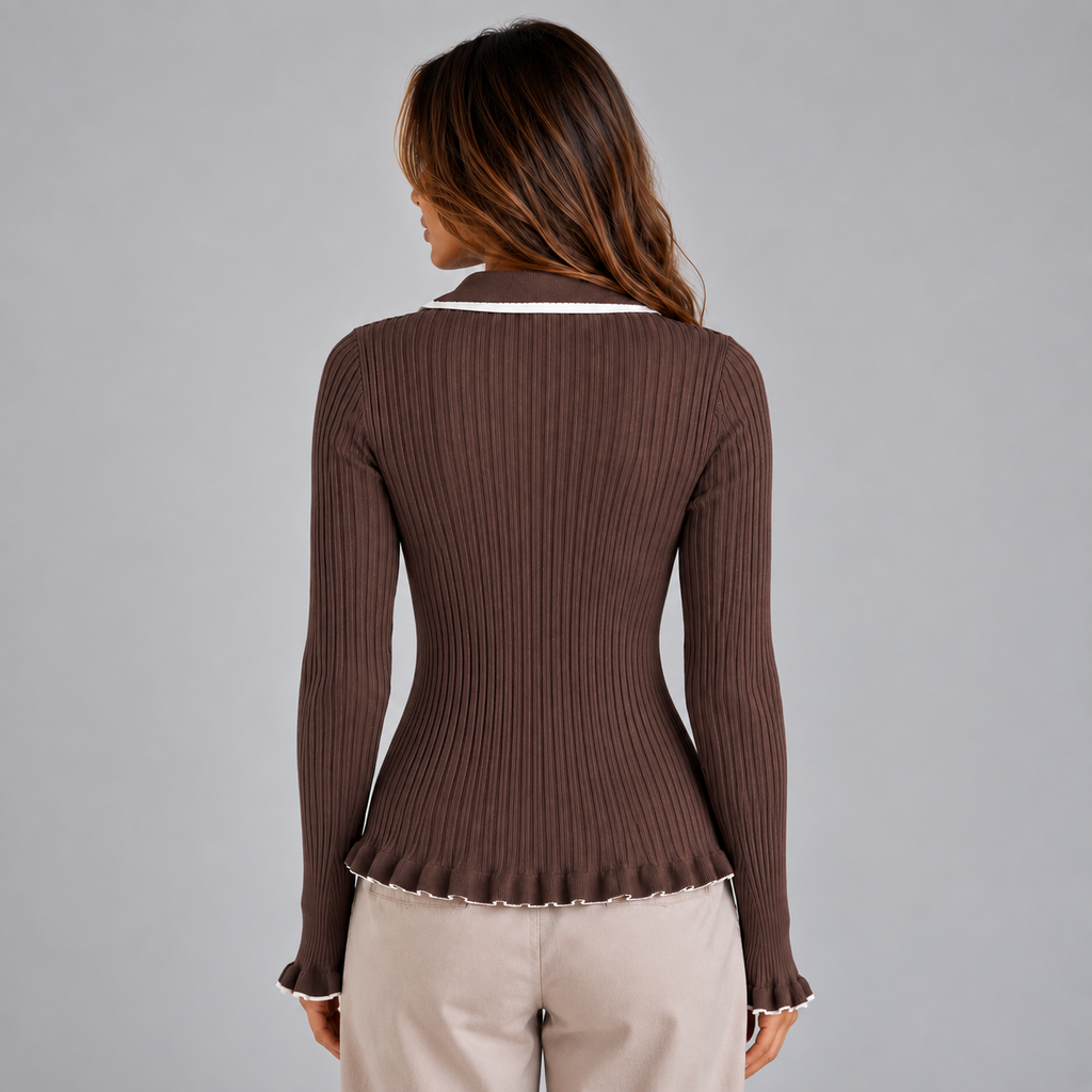 Women’s Ribbed Knit Long Sleeve Top with Contrast Collar & Gold Buttons – Casual, Office