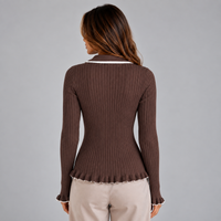 Women’s Ribbed Knit Long Sleeve Top with Contrast Collar & Gold Buttons – Casual, Office