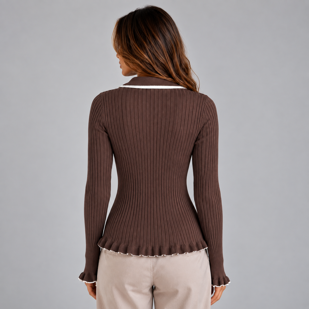 Women’s Ribbed Knit Long Sleeve Top with Contrast Collar & Gold Buttons – Casual, Office