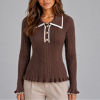 Women’s Ribbed Knit Long Sleeve Top with Contrast Collar & Gold Buttons – Casual, Office