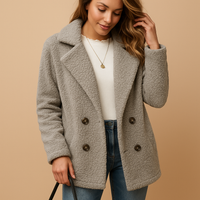 Women's Short Teddy Winter Coat - Button Fastening, Cozy Faux Fur Design Light Grey