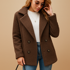 Women's Short Teddy Winter Coat - Button Fastening, Cozy Faux Fur Design Coffee