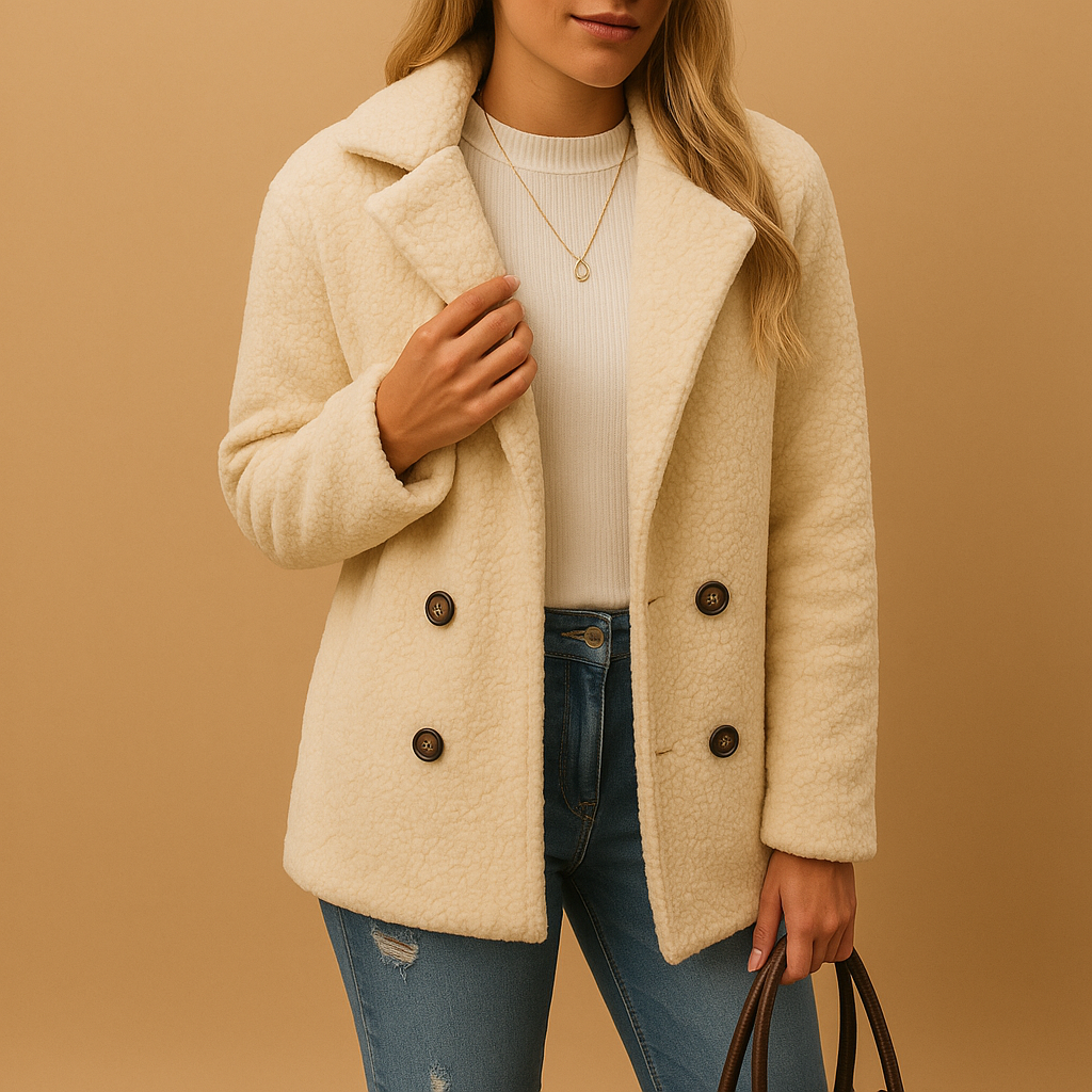 Women's Short Teddy Winter Coat - Button Fastening, Cozy Faux Fur Design White