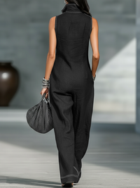 Women's Sleeveless Minimalist Jumpsuit with White Trim for Casual Wear