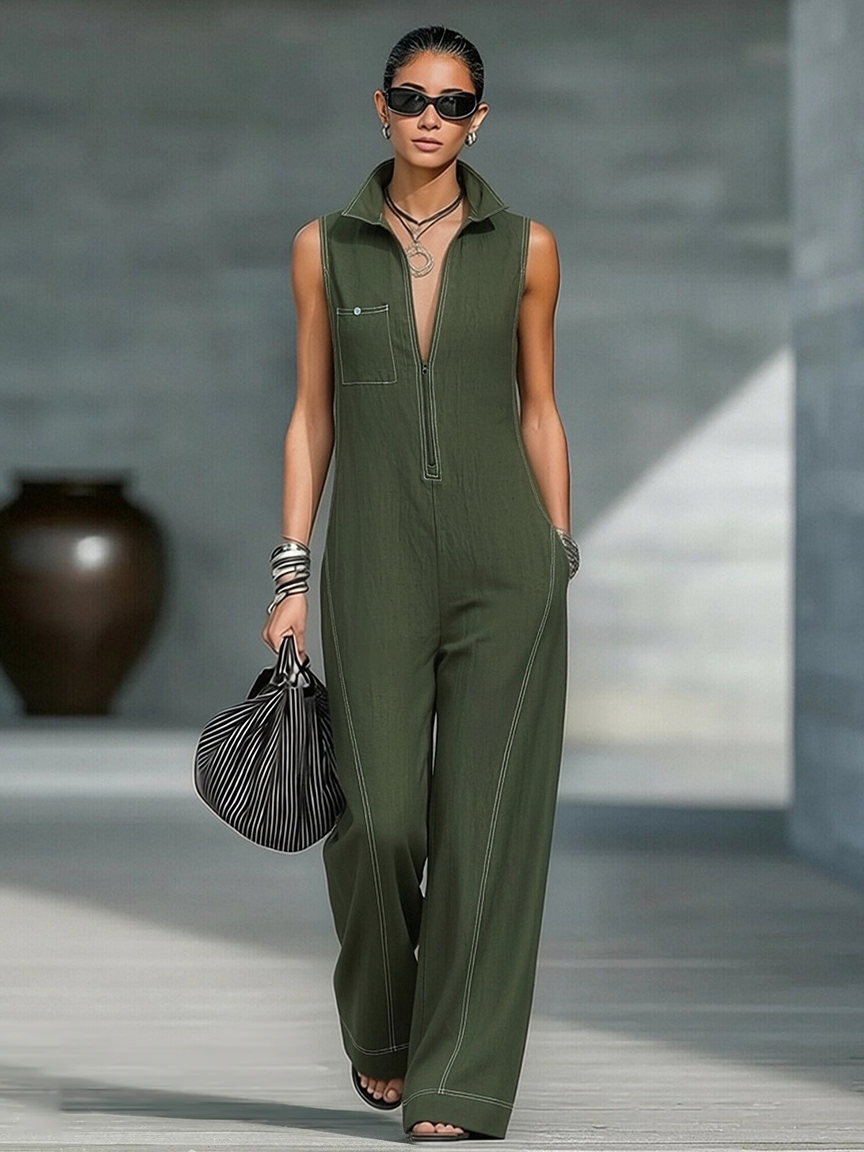 Women's Sleeveless Minimalist Jumpsuit with White Trim for Casual Wear