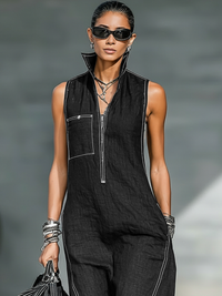 Women's Sleeveless Minimalist Jumpsuit with White Trim for Casual Wear