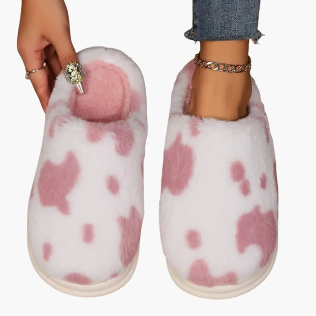 Women's Slippers with Cow Print and Plush Lining