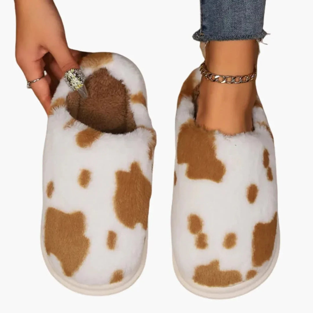 Women's Slippers with Cow Print and Plush Lining
